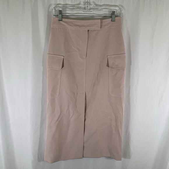 Topshop Midi Skirt Women's 6 Light Pink Split Front Pockets Button Zip - Picture 1 of 9